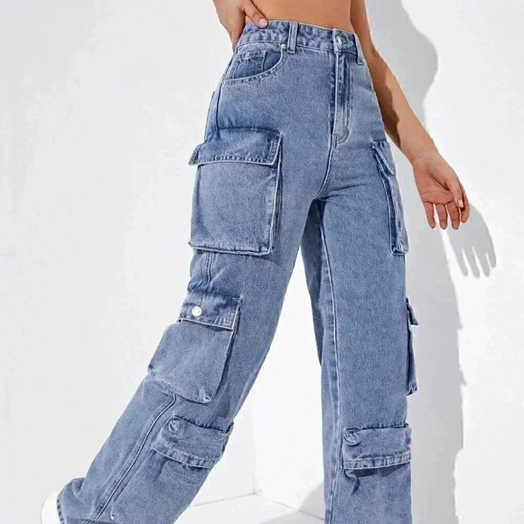 Casual High Waisted Flap Pocket Cargo Jeans Blue - Picture 2 of 5